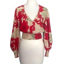BOG Collective Blouse Crop Top Women S Red Cream Floral Shimmer Balloon Sleeve