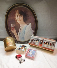 Coca Cola Trays Girl in Blue Diecast Car 2 Set of Cards Puzzle Box Diner Tin (7)