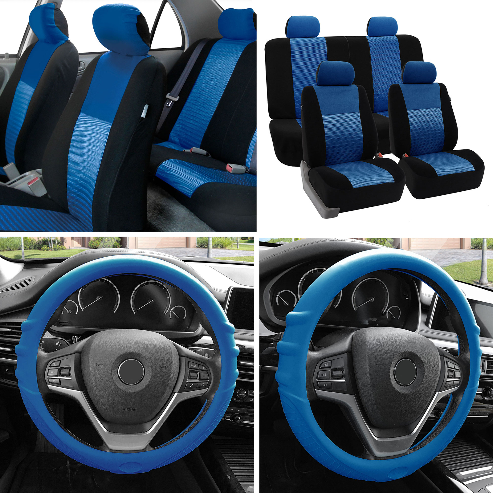 Full Interior Seat Covers Set Blue Black Auto Car SUV w/ Silicone Steering Cover