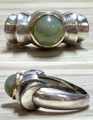 Vintage Designer Hallmarked Sterling Silver & Gold Bezel Set Jade Ring, Size 6
