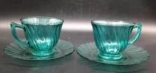 Set of 2 Vintage Jeannette Glass Ultramarine Swirl Cups And Saucers 1937