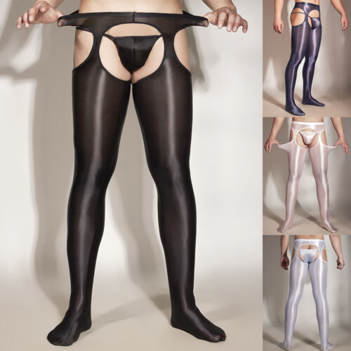 Men's See Through Crotchless Pantyhose Sheer Tights Stretchy Glossy Compression - Picture 1 of 28