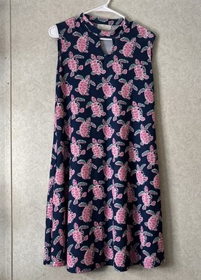 Simply Southern women s Large turtle Pink Blue print stretch Swing dress