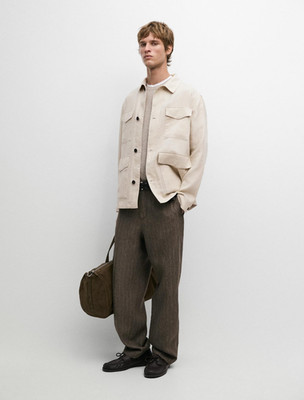 Massimo Dutti Men's Beige Mid-Length Button Front Utility Jacket with Pockets L
