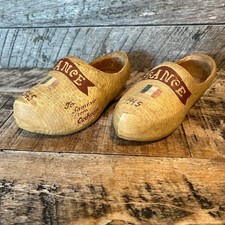 Vintage France 1945 Wooden Dutch Clog Shoes Souvenir Pair Hand Carved