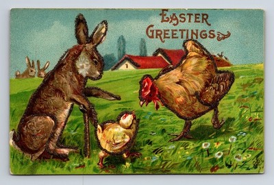 GLITTER Easter Greetings Rabbit Chickens Chick Farm European Russian? Postcard