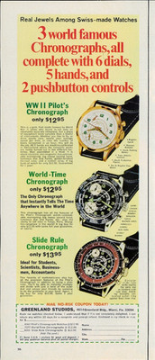 1970 GREENLAND STUDIOS Chronograph Watch Vintage Magazine Print Advertising