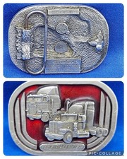 Vtg Freightliner Semi Truck Red Enamel Pewter Belt Buckle 1987 Tonkin USA D420