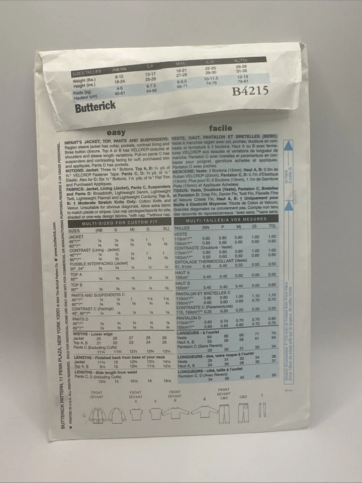 Butterick Pattern B4215 Infant Jacket Shirt Suspender Pants Sizes NB S M - Image 2 of 3