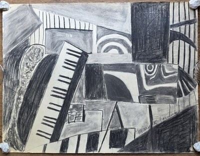 Vintage Cubist Geometric Charcoil Abstract Composition Mid Century Music 24x19