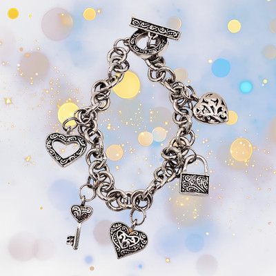 Silver-Tone Heart & Key Charm Bracelet Vtg Style Link Chain w/ Scrollwork Toggle
