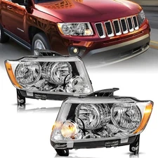 Halogen Left+Right For 11-13 Jeep Grand Cherokee 11-17 Compass Headlight Chrome