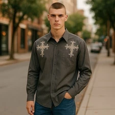 Roar Michaelson Gray Long Sleeve Button Up Embroidered Cross Mens Size XL