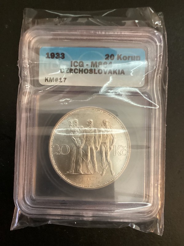 CZECHOSLOVAKIA POPULAR ART DECO 1933 20 KORUN "THREE FIGURES" SILVER COIN MS64!
