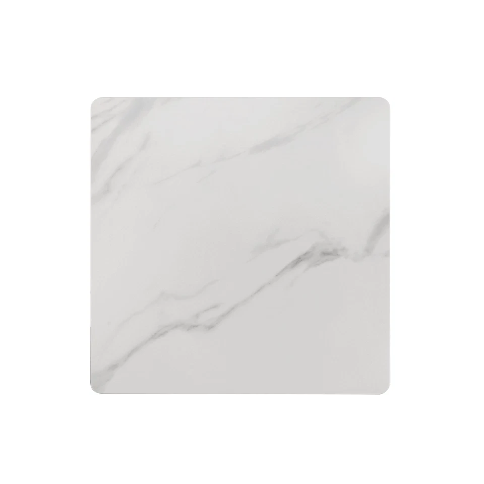 Mesa auxiliar moderna con tapa de piedra sinterizada patas de flecha plateadas negro blanco Foto 3 de 4