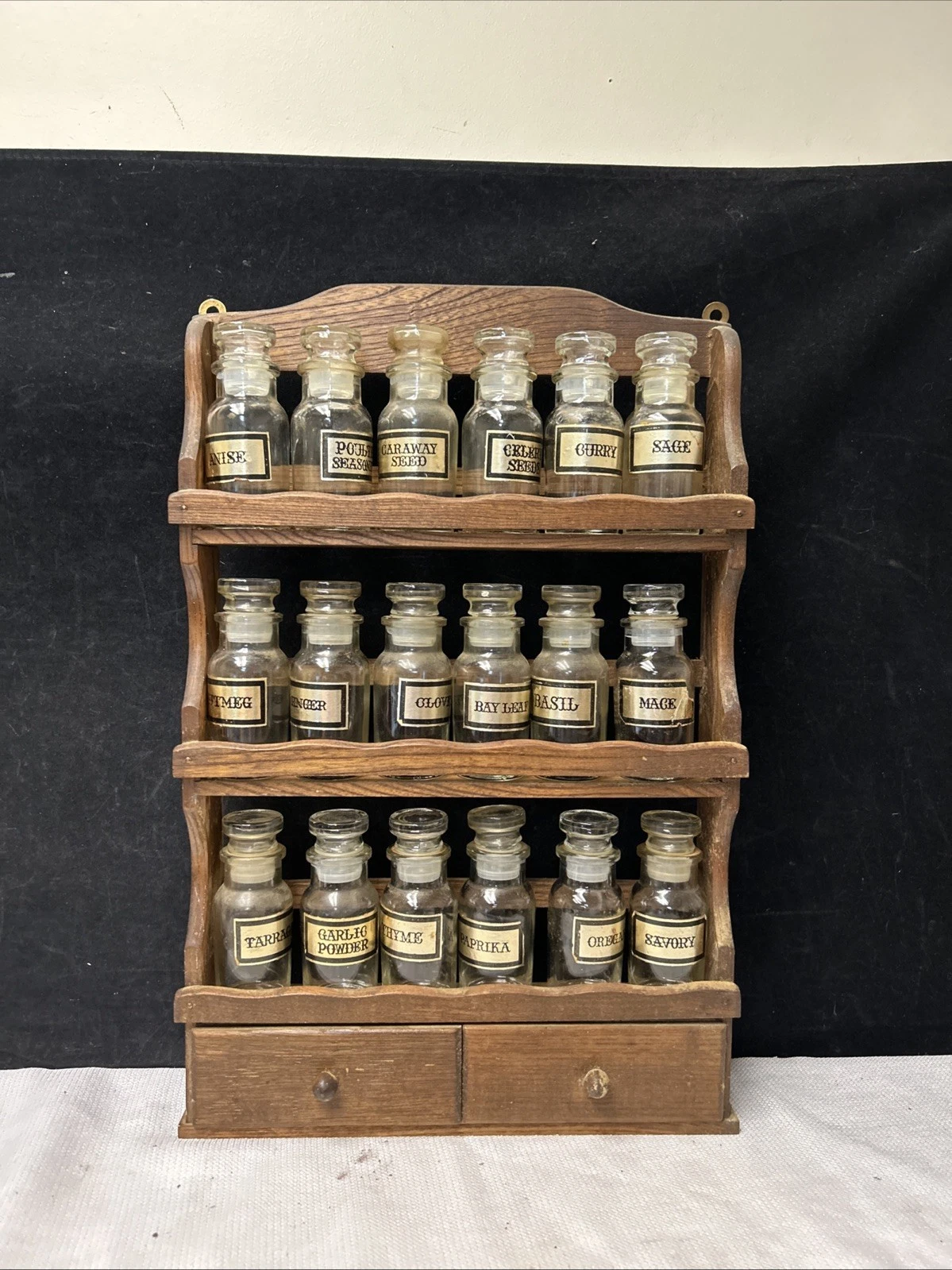 Vintage Wooden Spice 3 Tier Rack With 18 Glass Spice Jars Wall Hang Or Stand