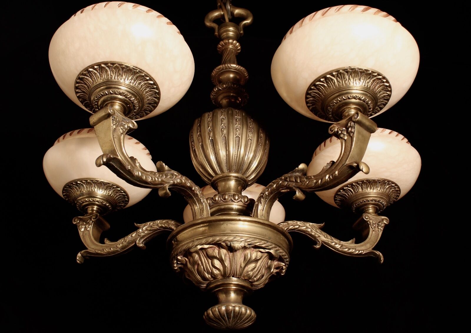 Light fixture chandelier solid bronze & real alabaster circa 1940 restored