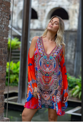 CZARINA FORBIDDEN TEMPLE SILK VISCOSE CRYSTALS KAFTAN DRESS TOP ONE SZ AS NEW - Picture 2 of 3