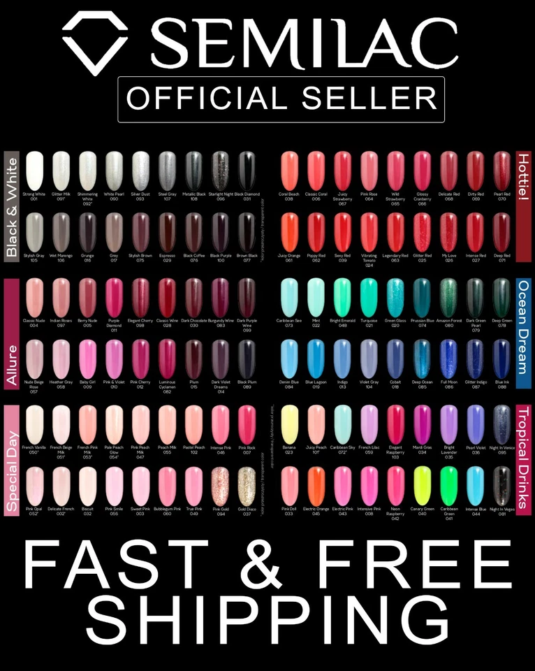 Semilac Soak Off LED/UV Hybrid Nail Gel Polish Manicure Colour Coat All COLOURS