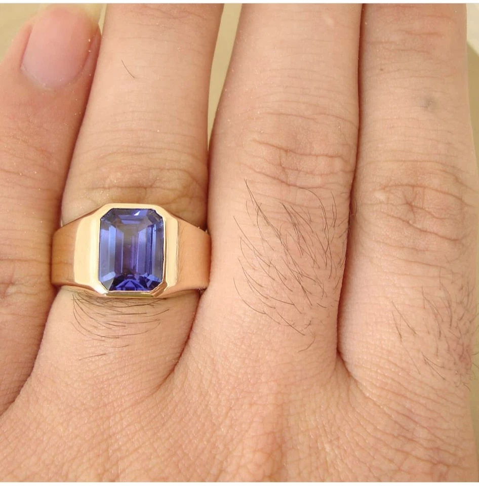 Anillo solitario de piedras preciosas de tanzanita para hombre para él anillos hechos a mano de oro macizo de 14 k Foto 3 de 3