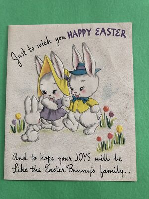 Vtg 1940s Easter Greeting Card Forget Me Not  Embossed Bunnies Tulips Used