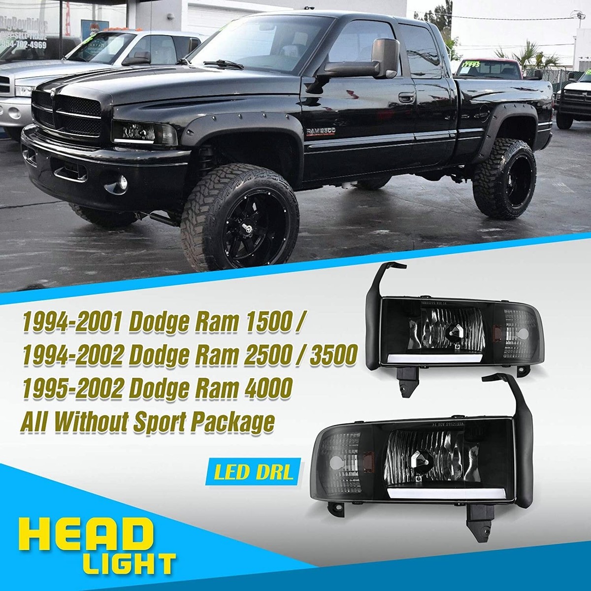 Fit 1994-2001 Dodge Ram 1500 2500 3500 Smoke LED Bar Headlights Lamps