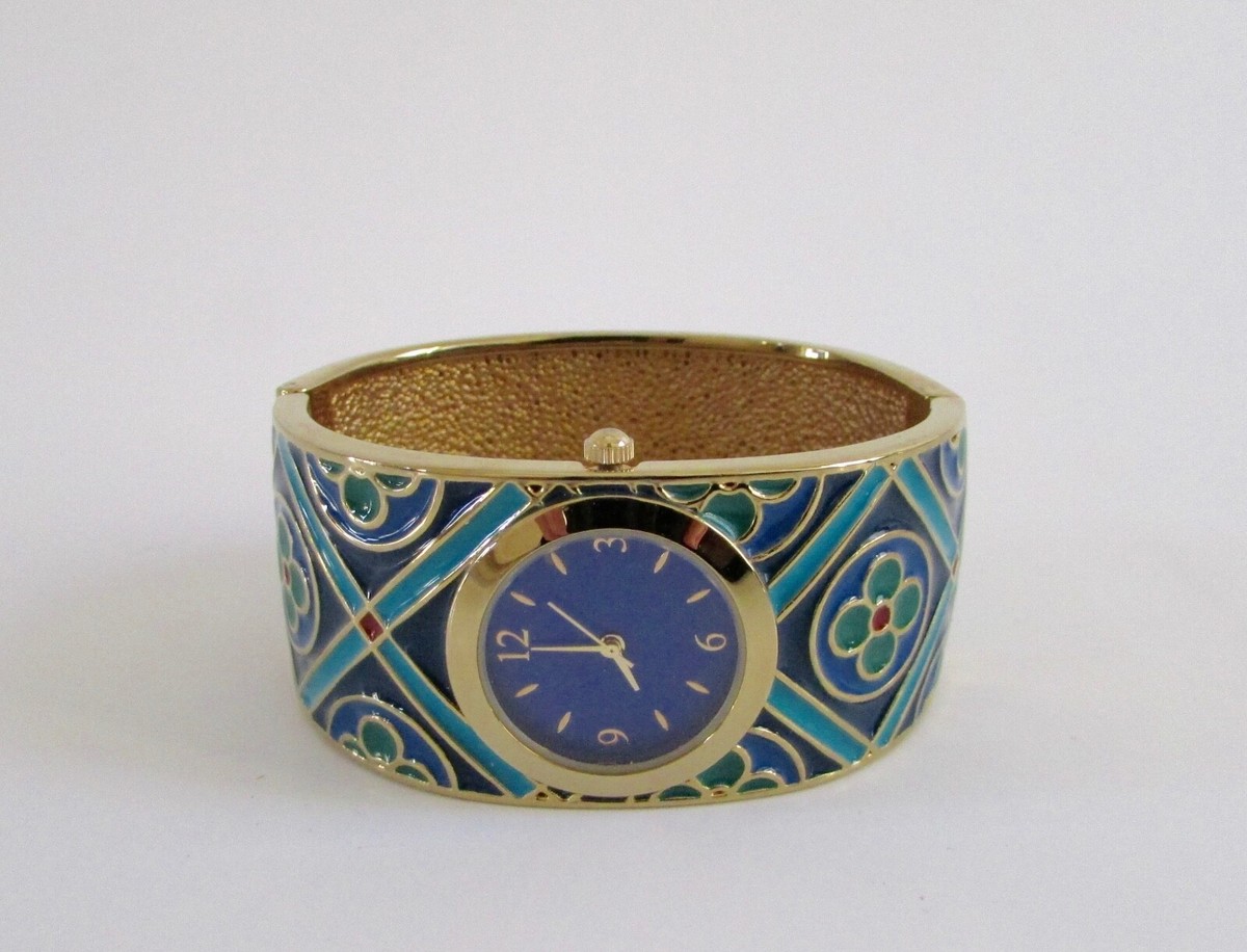 Jacque Ciara Vintage Gold Tone Ribbed Cuff Watch Blue Marble Dial Bracelet Glam Vintage Jacques Kreisler Gold Filled Flower and Scroll Cuff  main image 2