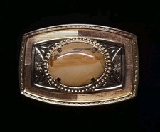 Vtg Gold Tone Metal Belt Buckle Picture Jasper Center Cabochon Stone Western USA