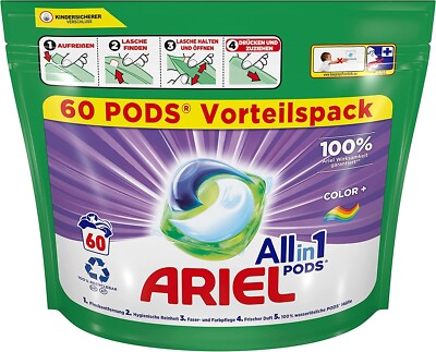 Ariel Waschmittel All-in-1 Color Power, 60 Pods Waschladungen Fleckenentfernung