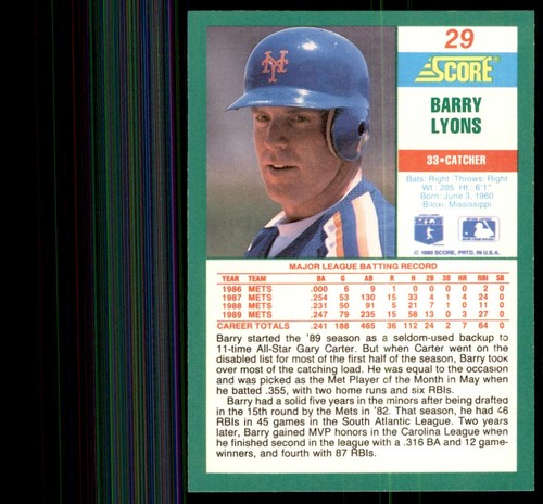1990 Score Barry Lyons Baseball Cards #29 - Imagen 2 de 2