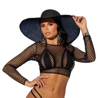 sexy ELEGANT MOMENTS net LONG sleeve CROPPED swimsuit BIKINI cover UP top SHIRT