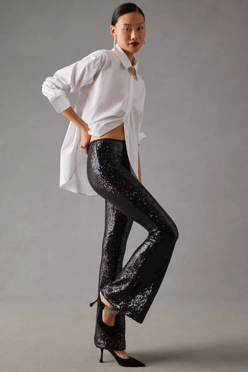 NWT by Anthropologie Joni in Black High Rise Stretch Sequin Flare  display picture 1