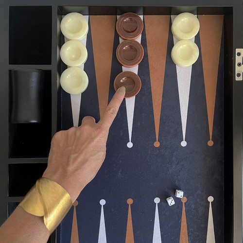 Tournament Size Backgammon Set Black And Tan Fabric Ground Leather Case 22"x29" - Picture 5 of 11
