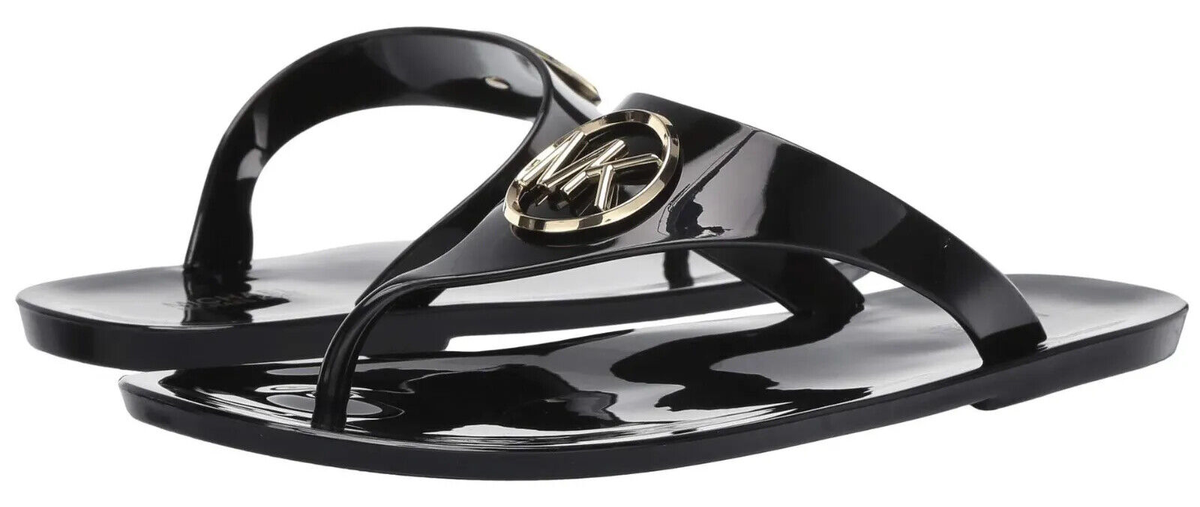 Michael Kors Black Jelly Thongs Flat Slip-on Sandals Gold MK Logo