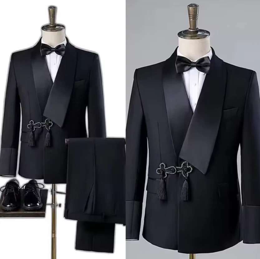 Black Men's Suits Shawl Lapel Evening Party Prom Wedding Groom Tuxedo Two Pieces - Image 2 of 4