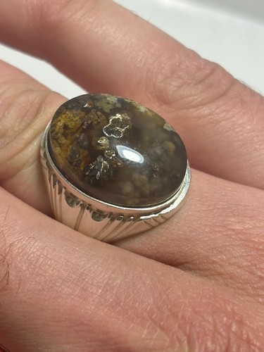 Natural Yemeni agate ring, moss natural colors silver distinctive natural stone - Picture 13 of 24