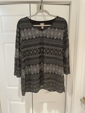 Chico  s Geometric V-neck 3/4 Sleeve Black  Silver Metallic Lined Tunic Sz 3 XL