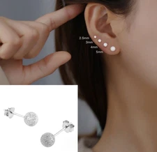 S925 Sterling Silver Round Frosted Grind Sand Ball Stud Earrings Gift 3-6mm H8