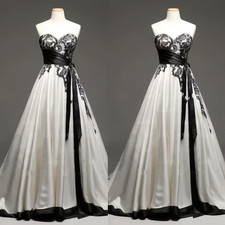 Gothic Black and White Wedding Dress Strapless Lace Applique A-Line Classic