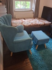 Blue Wingback Accent Armchair with the matching Footstool.