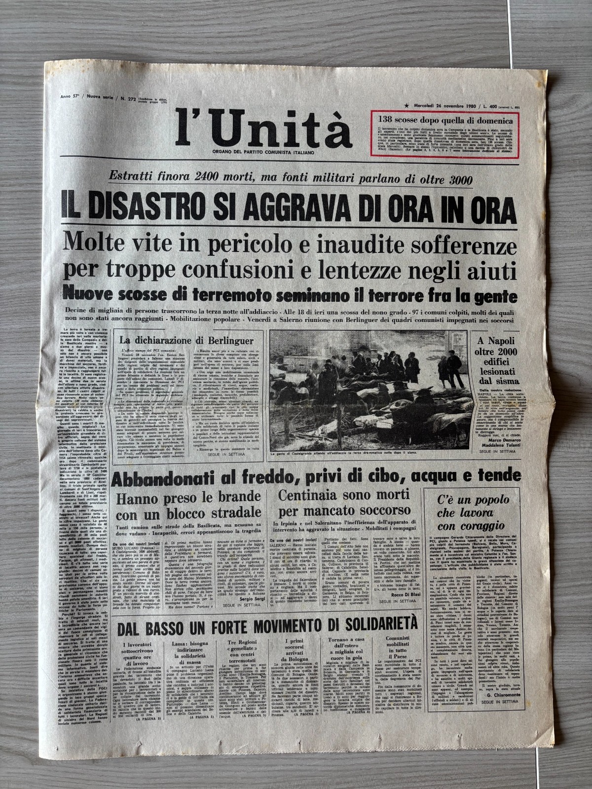 L'UNITA',26/11/1980 Terremoto dell'Irpinia Terrore fra la gente,vite in pericolo