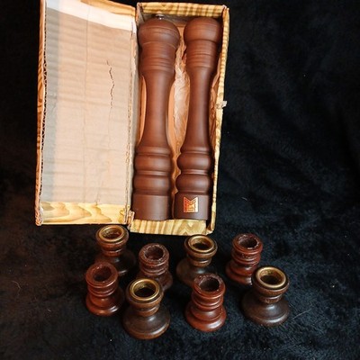 Vin Wood & Cast Iron Candelabra Votive TeaLight, Candle Stik W Napkin Ring, S&P 