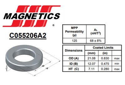QTY:2 Magnetics Inc C055206A2 Toroid Ferrite Core MPP 125 Perm 0.830 OD/0.475 ID