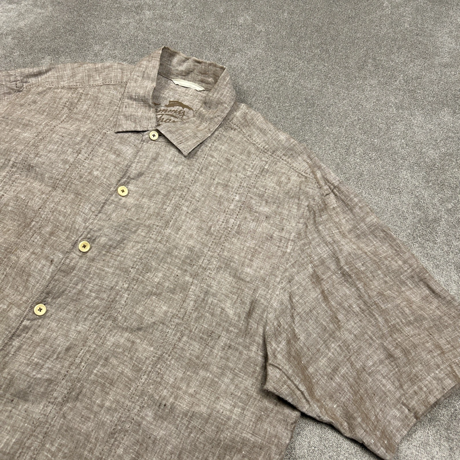 Tommy Bahama Shirt Mens XL 100% Linen Relaxed Brown Short Sleeve Button Summer