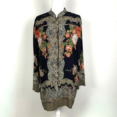 Vintage Carol Little Long Jacket Mandarin Collar Asian Floral Size 10 Large Boho