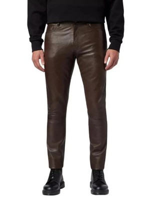 Men's Brown Leather Jeans Style Pants Real Genuine Slim Fit Casual Trousers Pant