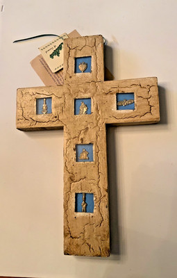 Mexican Milagros Cross Mexican Folk Art Ernesto Espinosa Cream Teal Blue Wood