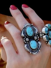 Native Large Nevada Turquoise Stamped Navajo Sterling Ring Sz 8 Signed