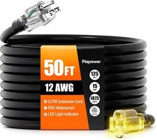 12/3 Gauge Outdoor Extension Cord 50 FT Heavy Duty Waterproof Black