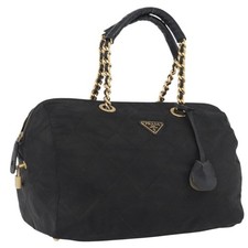 PRADA Chain Hand Bag Nylon Black Gold Auth 171579